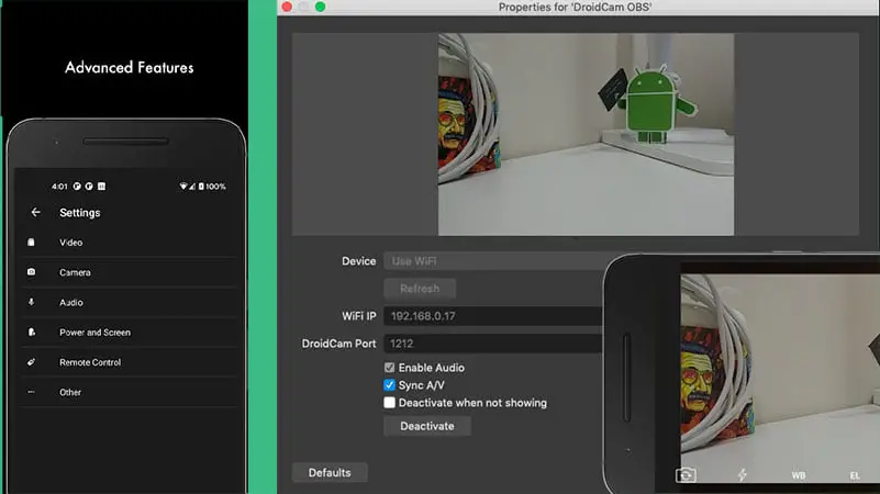 DroidCam OBS android webcam app for OBS studio